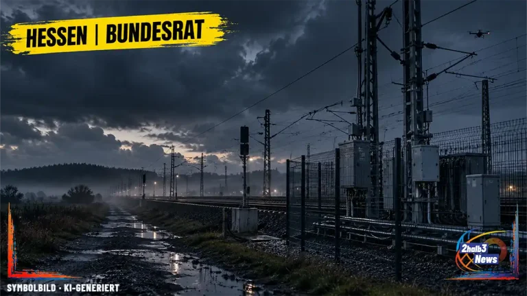 Fotorealistische, dunkle Symbolansicht einer sicherheitsrelevanten technischen Anlage bei Dämmerung. Oben links steht „Hessen | Bundesrat“. Keine reale Anlage oder Ortsansicht.