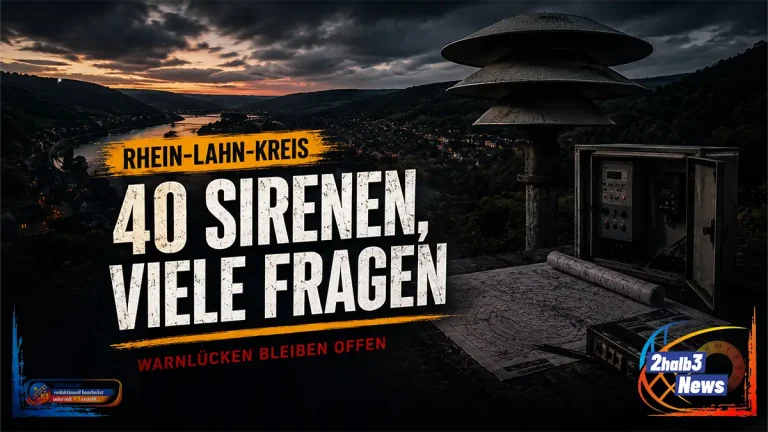 Moderne Sirene und geöffneter Steuerkasten über einem dunklen Tal im Rhein-Lahn-Kreis. Text: „40 Sirenen, viele Fragen – Warnlücken bleiben offen“.