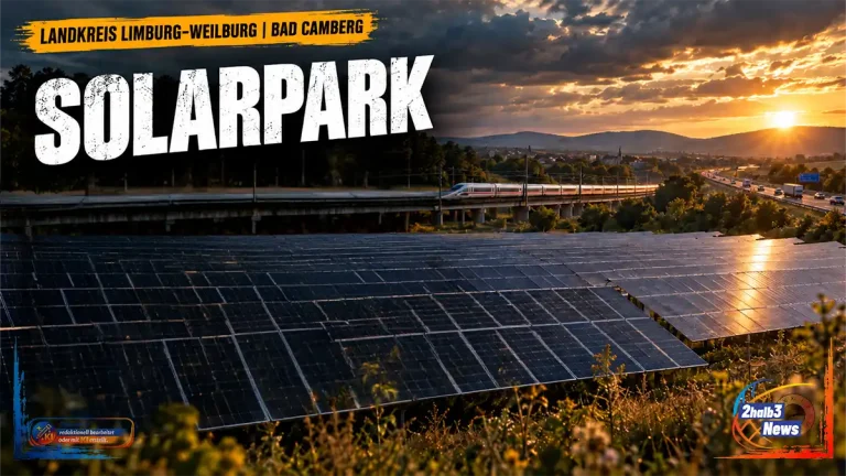 Freiflächen-Solarpark bei Bad Camberg mit mehreren Reihen Photovoltaikmodulen in offener Landschaft; oben links der Ortsbalken „Landkreis Limburg-Weilburg | Bad Camberg“.