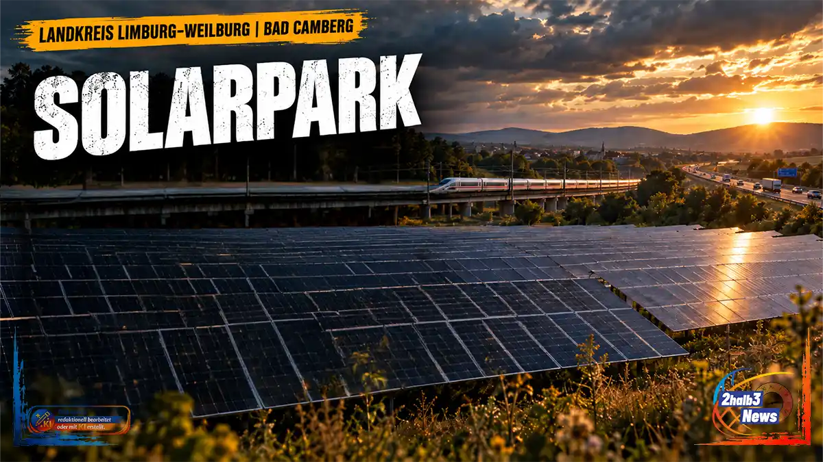 Freiflächen-Solarpark bei Bad Camberg mit mehreren Reihen Photovoltaikmodulen in offener Landschaft; oben links der Ortsbalken „Landkreis Limburg-Weilburg | Bad Camberg“.