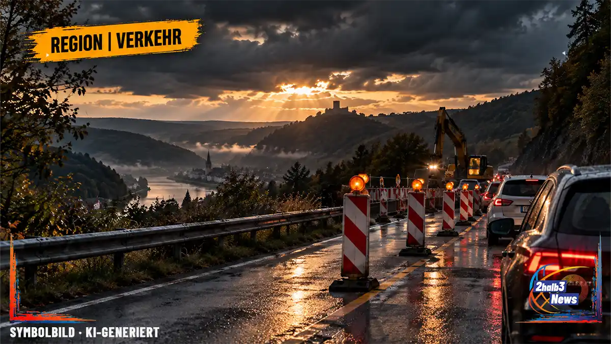 Dunkle Landstraße mit Baustellenbaken und Verkehrsampel als Symbolbild für Sperrungen, Baustellen und Umleitungen vom 14. bis 20. September 2026.