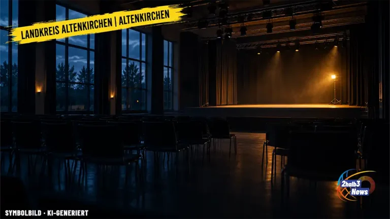 Symbolbild: Dunkler, leerer Veranstaltungssaal mit beleuchteter Bühne. Thema ist die ungeklärte Zukunft der Stadthalle Altenkirchen nach 2027.