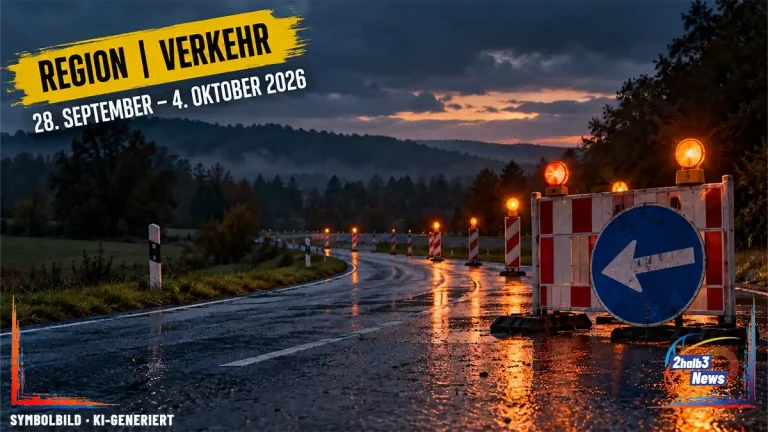 Gelbes 2halb3-Verkehrsschild vor einer regionalen Straßenbaustelle mit Absperrbaken und Umleitungszeichen.