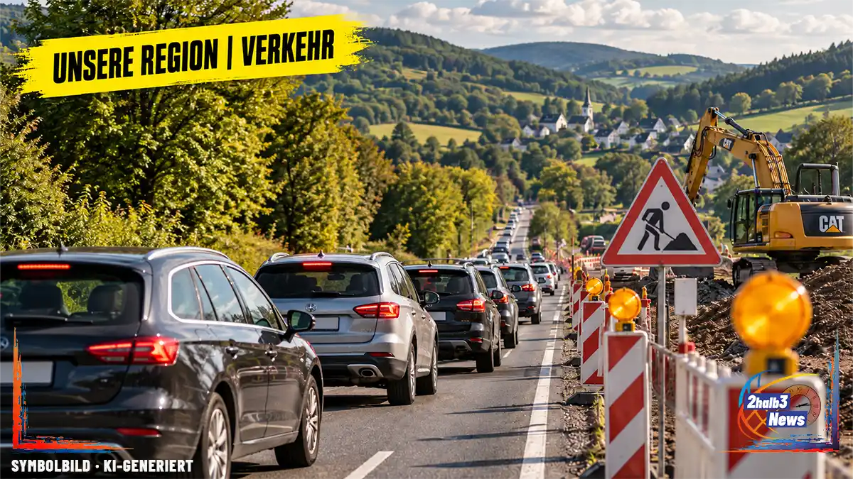 Baustelle mit Stau, Absperrbaken und Baustellenschild auf einer Straße in der Region – Verkehrsmeldungen vom 21. bis 27. September 2026.