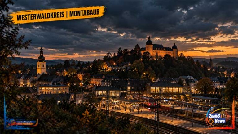 Dunkle Abendansicht von Montabaur mit regionalem Stadtmotiv und Ortslabel „Westerwaldkreis | Montabaur“.