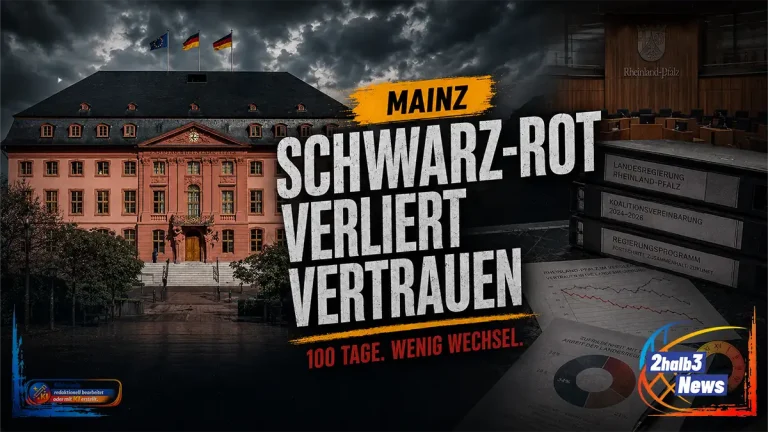 Dunkle politische Grafik zum Vertrauensverlust in die schwarz-rote Landesregierung Rheinland-Pfalz mit Landtag in Mainz, Aktenordnern und Umfragegrafiken.