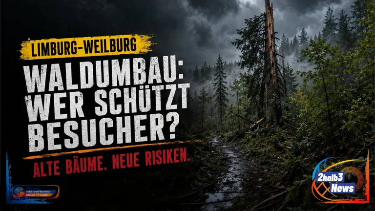 Dunkler Waldweg im Landkreis Limburg-Weilburg mit beschädigtem Baum. Darüber steht: „Waldumbau: Wer schützt Besucher? Alte Bäume. Neue Risiken.“