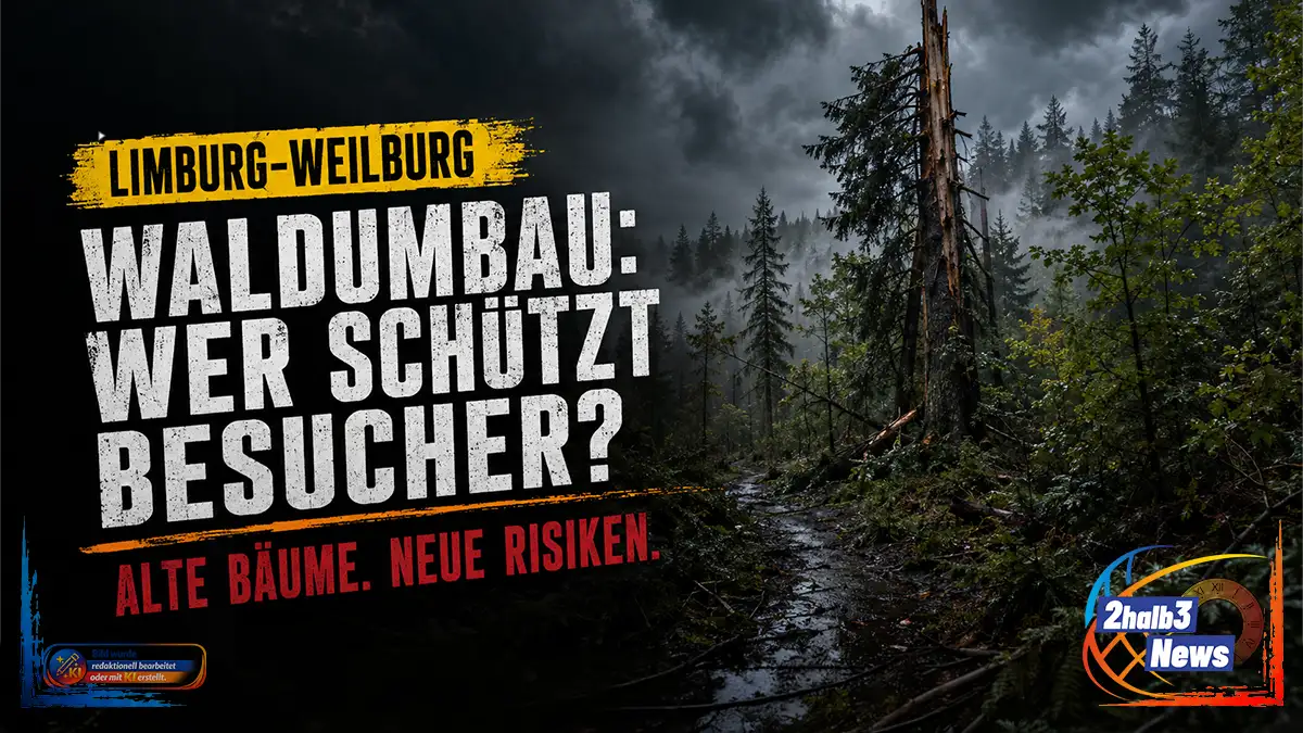 Dunkler Waldweg im Landkreis Limburg-Weilburg mit beschädigtem Baum. Darüber steht: „Waldumbau: Wer schützt Besucher? Alte Bäume. Neue Risiken.“