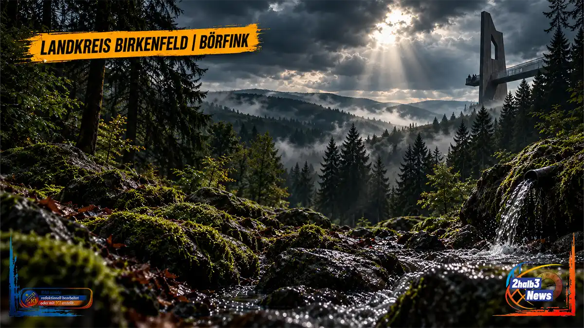 Dunkle Waldlandschaft im Nationalpark Hunsrück-Hochwald bei Börfink mit Bachlauf und Aussichtsturm als Symbol für den Streit um die Wasserentnahme.