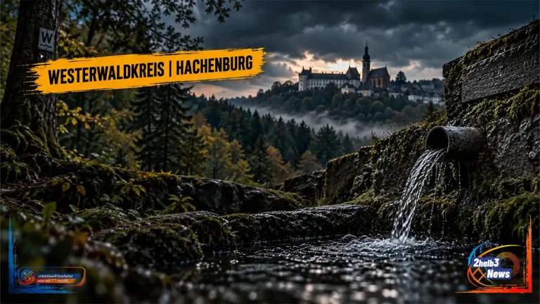 Dramatische Wasserquelle im Westerwald mit Blick auf Hachenburg. Die Grafik thematisiert sinkende Quellerträge und die Frage, wer in der Region wie viel Wasser entnimmt.