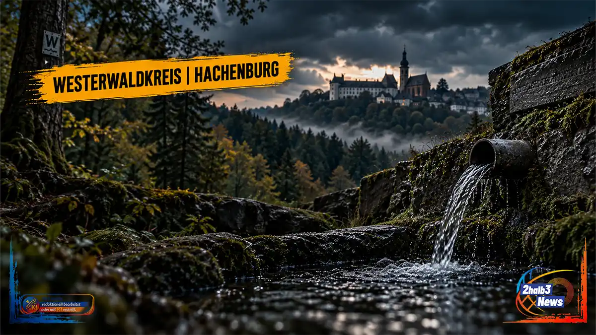 Dramatische Wasserquelle im Westerwald mit Blick auf Hachenburg. Die Grafik thematisiert sinkende Quellerträge und die Frage, wer in der Region wie viel Wasser entnimmt.