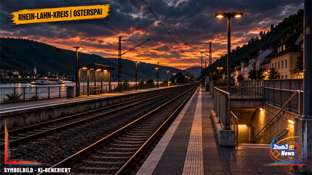 Bahnhofsszene im Mittelrheintal mit Gleisen, Bahnsteigen und beleuchtetem Treppenzugang zur Personenunterführung. Der Beitrag thematisiert den fehlenden funktionsfähigen Aufzug zum Mittelbahnsteig in Osterspai trotz der Modernisierung 2026.