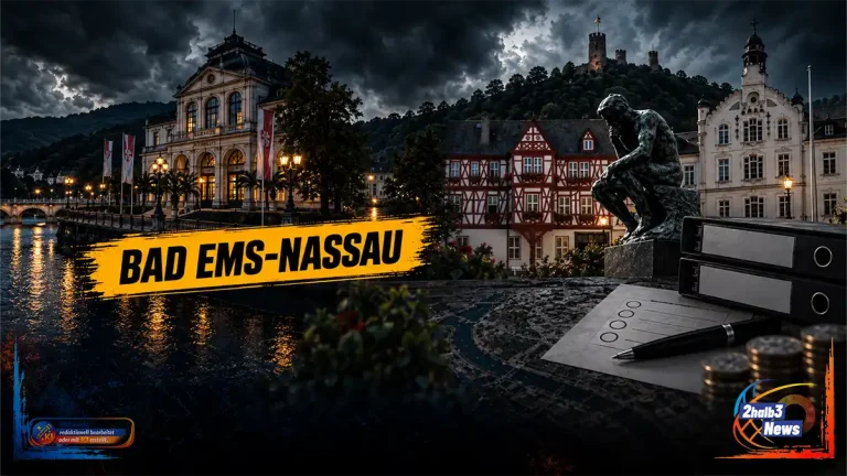 Dunkle 2halb3-Grafik zur Bürgermeisterwahl Bad Ems-Nassau mit Ortsbalken, Kurhaus, historischen Gebäuden, Wahlzettel und Finanzsymbolik.
