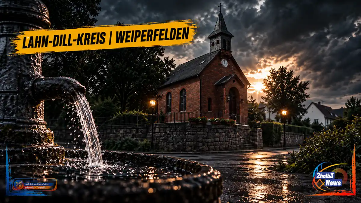 Dramatische 16:9-Grafik aus Weiperfelden mit Kirche, Brunnen und fließendem Wasser. Oben steht im gelben Ortsbalken „Lahn-Dill-Kreis | Weiperfelden“.