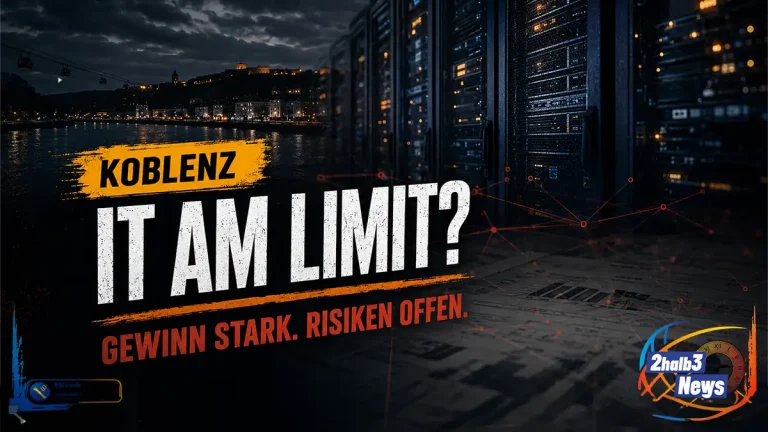 Grafik zu den KGRZ-Jahreszahlen 2025: Nachtaufnahme von Koblenz mit Serverracks, Überschrift „IT am Limit?“.