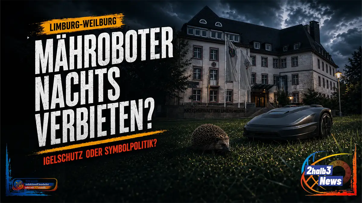 Nächtliche Szene vor der Kreisverwaltung Limburg-Weilburg: Ein Mähroboter fährt über eine Rasenfläche, während sich ein Igel in unmittelbarer Nähe befindet. Darüber steht die Frage „Mähroboter nachts verbieten?“.
