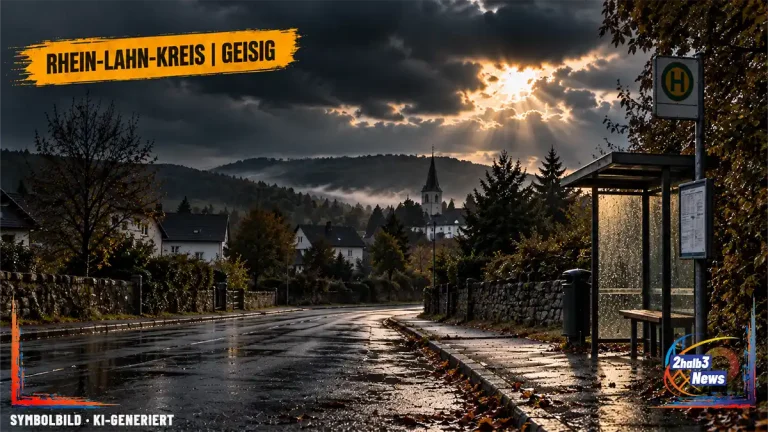 Ländliche Bushaltestelle an einer leeren Straße im Rhein-Lahn-Kreis bei dunkler Morgenstimmung; Ortslabel Rhein-Lahn-Kreis | Geisig.