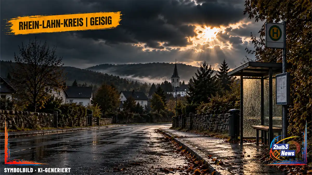 Ländliche Bushaltestelle an einer leeren Straße im Rhein-Lahn-Kreis bei dunkler Morgenstimmung; Ortslabel Rhein-Lahn-Kreis | Geisig.