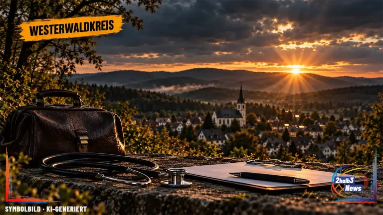 Medizinisches Symbolmotiv mit Stethoskop und Arzttasche vor einer Westerwald-Landschaft. Der Beitrag untersucht drei Mediziner-Camps seit 2024 mit 25 dokumentierten Teilnahmen und die bislang öffentlich nicht ausgewiesene Verlaufsbilanz der Teilnehmer.