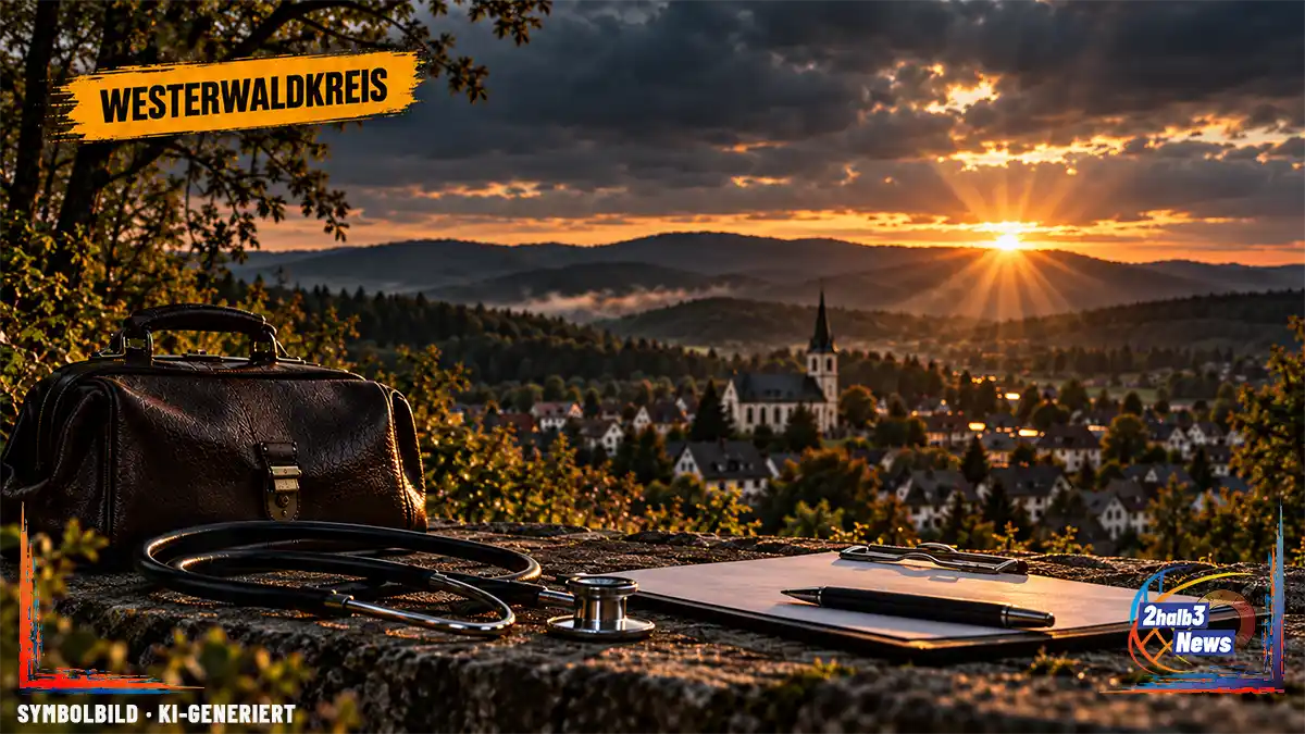 Medizinisches Symbolmotiv mit Stethoskop und Arzttasche vor einer Westerwald-Landschaft. Der Beitrag untersucht drei Mediziner-Camps seit 2024 mit 25 dokumentierten Teilnahmen und die bislang öffentlich nicht ausgewiesene Verlaufsbilanz der Teilnehmer.