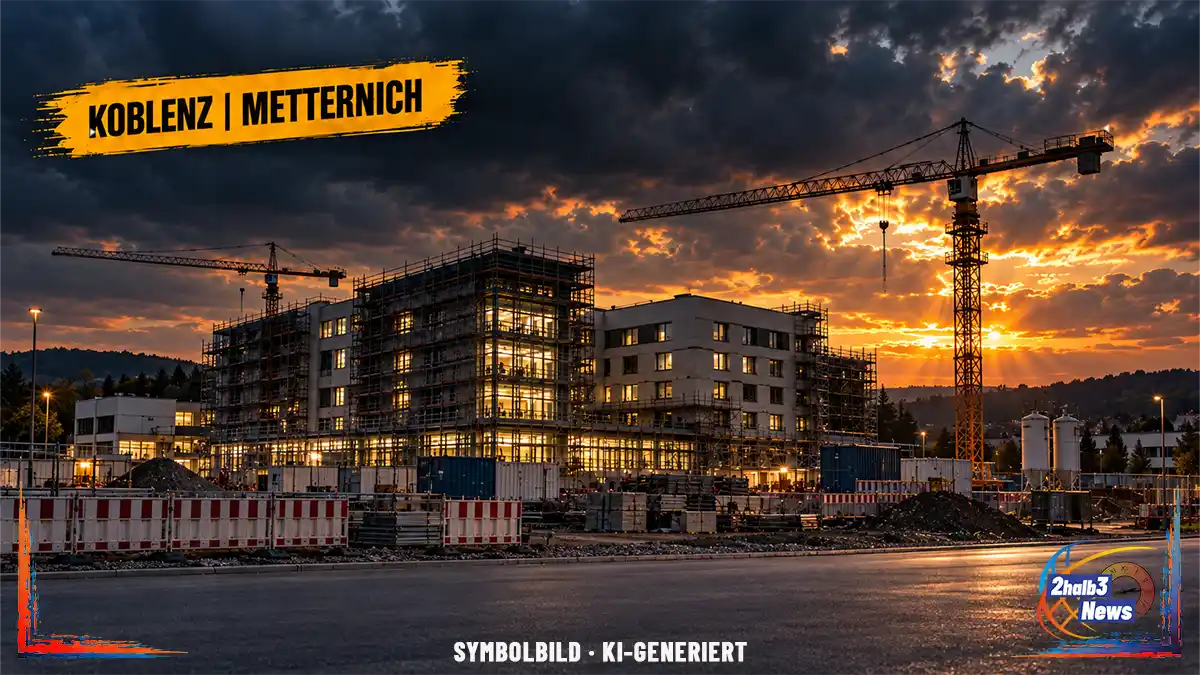 Dunkle illustrative Darstellung eines modernen Klinikneubaus in Koblenz-Metternich mit gelbem Ortsbalken „Koblenz | Metternich“.
