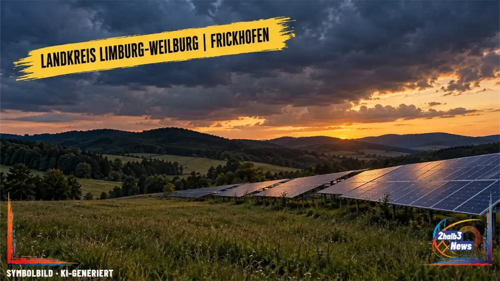 Symbolische Photovoltaikfläche auf Grünland in der Dämmerung; der Beitrag untersucht den Konflikt um einen Solarpark in Frickhofen.