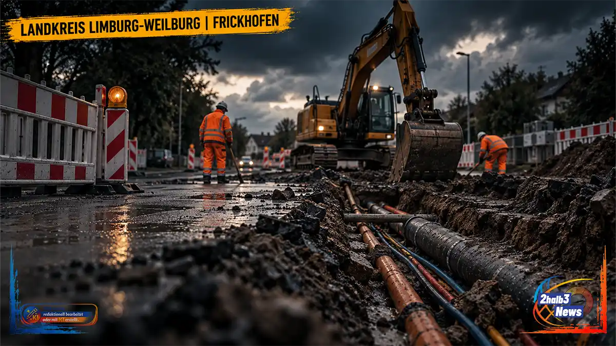 Baustelle an der L3279 mit aufgerissener Fahrbahn, freigelegten Leitungen, Bagger und Absperrungen.