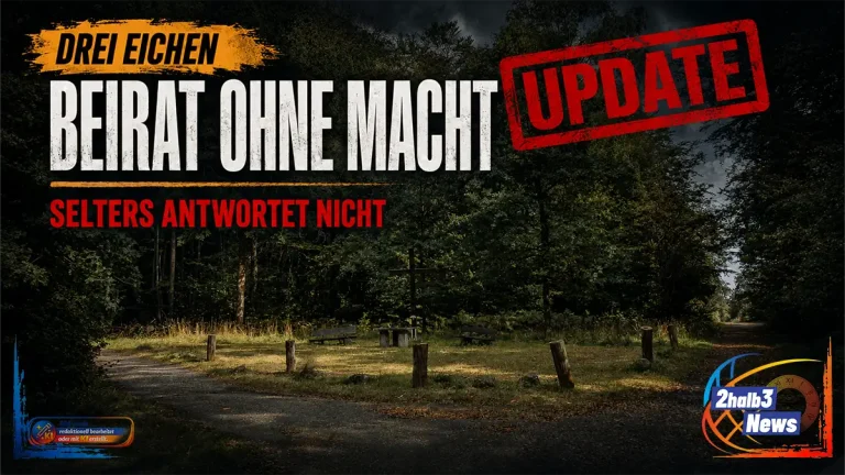 Drei-Eichen-Kreuz mit Sitzbänken und Waldwegen. Darüber stehen „Beirat ohne Macht“, „Selters antwortet nicht“ und „Update“.