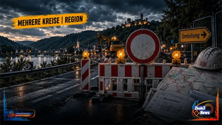 Baustelle mit Straßensperre, Umleitungsschild und Baugerät vor einer regionalen Fluss- und Hügellandschaft; Ortsbalken „Mehrere Kreise | Region“.