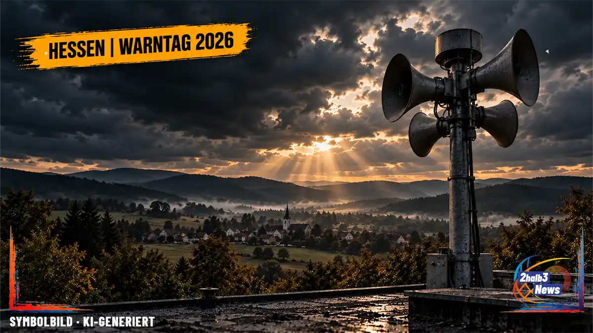 Moderne Sirene vor einer dunklen hessischen Mittelgebirgslandschaft mit Ortschaft im Tal. Gelber Ortsbalken „Hessen | Warntag 2026“.