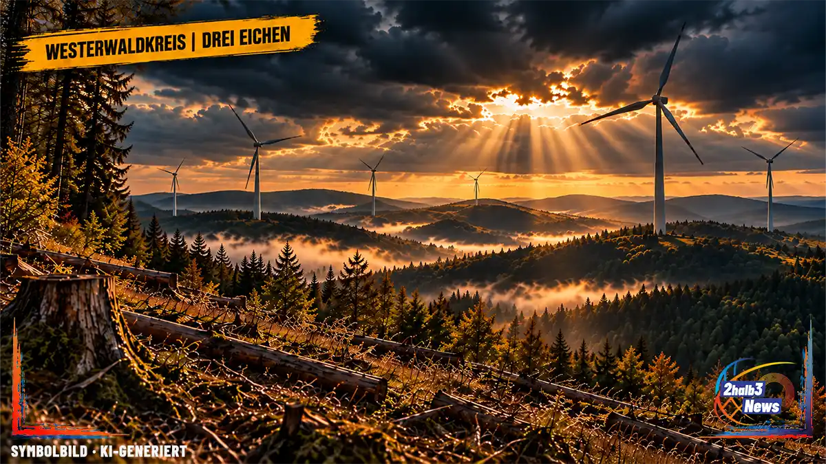 Dunkle Waldlandschaft als Symbolmotiv für das geplante Windenergieprojekt „Drei Eichen“ zwischen Helferskirchen, Leuterod, Vielbach und Quirnbach.