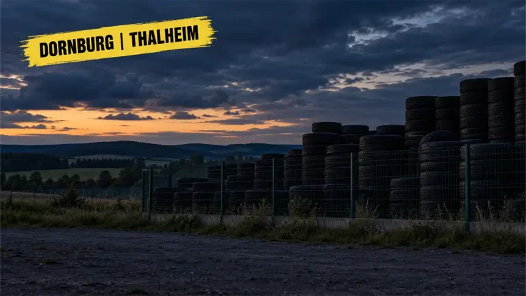 Dunkles, fotorealistisches Symbolbild eines Reifenlagers bei Dämmerung. Oben links steht auf gelbem Pinselbalken: „DORNBURG | THALHEIM“.