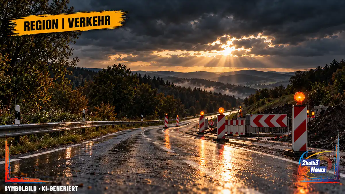 Dunkles regionales Straßenmotiv mit Baustellenbaken und Umleitungsschild als Symbolbild für die zahlreichen Sperrungen vom 5. bis 11. Oktober 2026.
