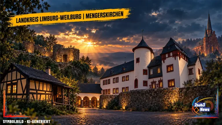 Nächtliche, redaktionell gestaltete Collage aus Schloss Mengerskirchen, Maienburg, Waldernbacher Kirche und Probbacher Backes. Gelber Ortsbalken: Landkreis Limburg-Weilburg | Mengerskirchen.