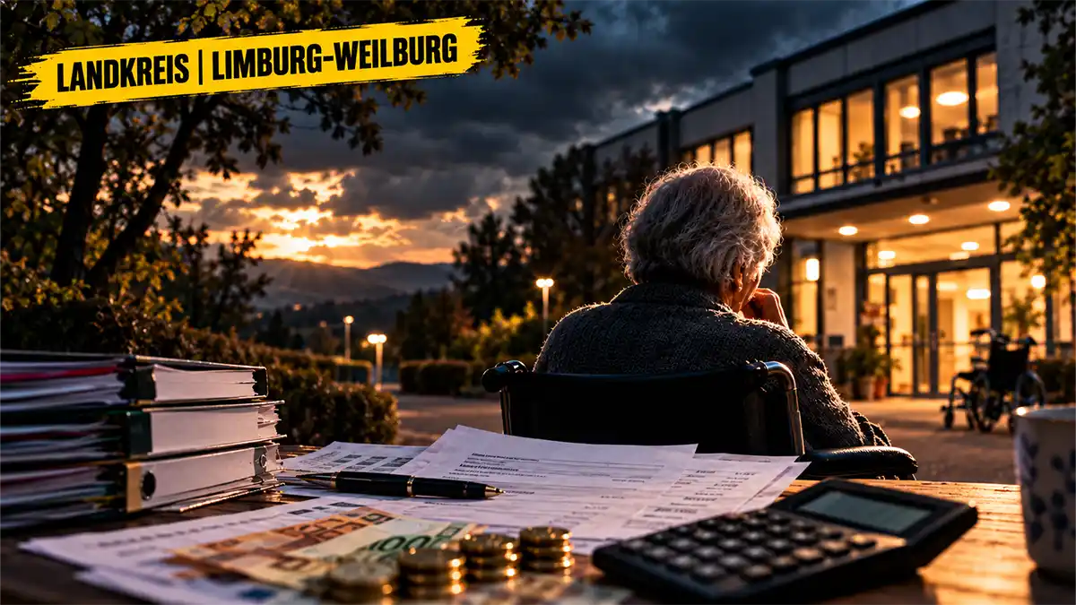 2halb3-Grafik zu steigenden Pflegekosten im Landkreis Limburg-Weilburg mit älterer Person, Pflegeunterlagen und stark steigenden Kosten.
