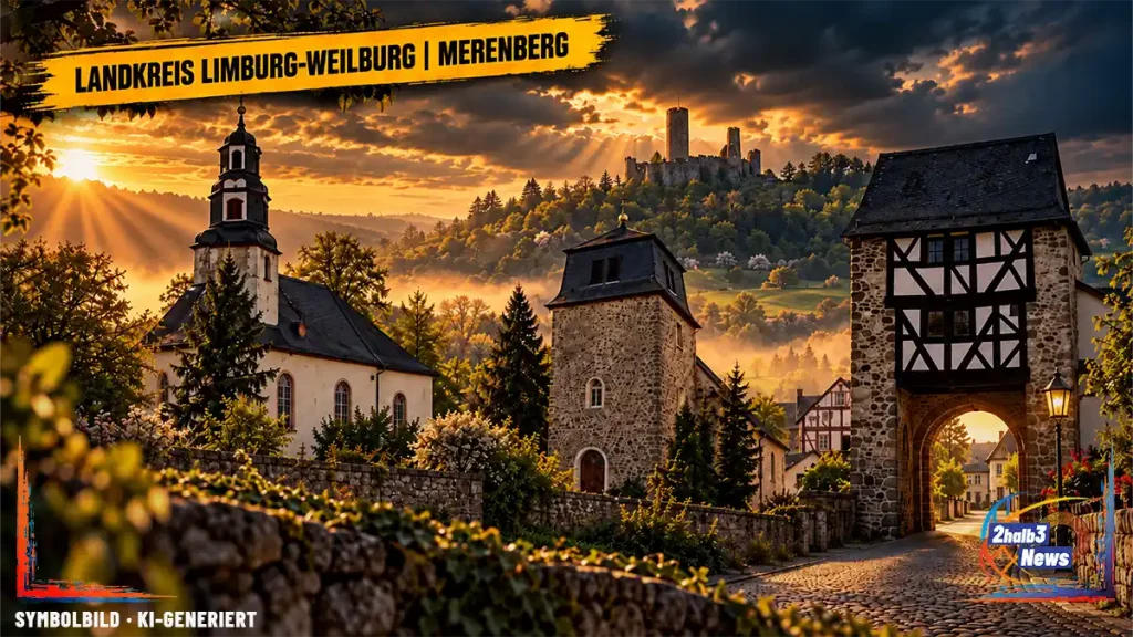 KI-generierte Ortsbildmontage mit historischen Gebäudemotiven aus Merenberg zum früheren Windpark Oberlahn und der neuen Windkraftdebatte in Löhnberg.